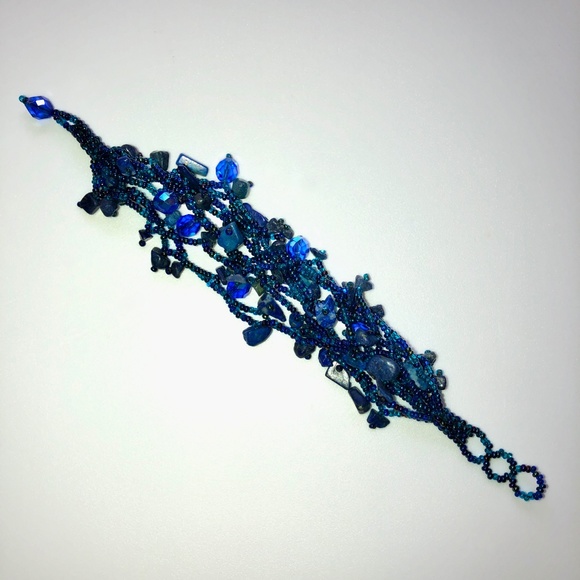 HANDMADE Lapis Lazuli Pebble Seed Crystal Bead Beaded Bracelet Peacock Blue NEW! - Picture 2 of 12